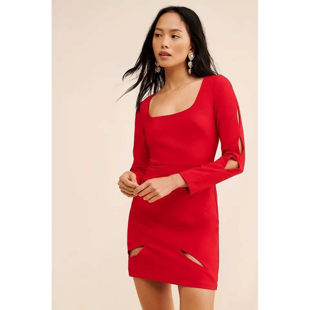 Liv Foster Red Long Sleeve Square Neck Geometric Seam Mini Dress Size 8